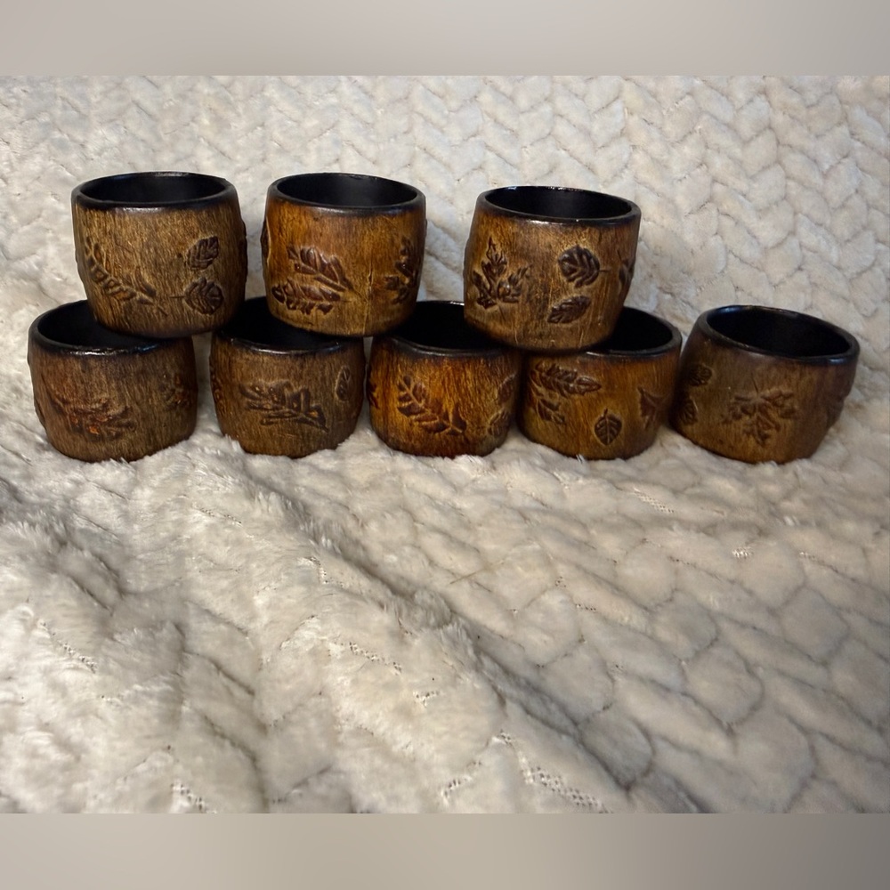Set of 7 Carved Wooden Napkin Rings